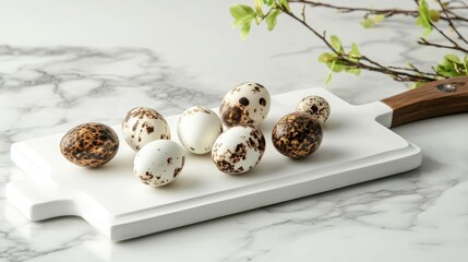Obraz premium Quail eggs artfully arranged on a white cutting board alongside green branches, showcasing a natural setting and elegant simplicity.