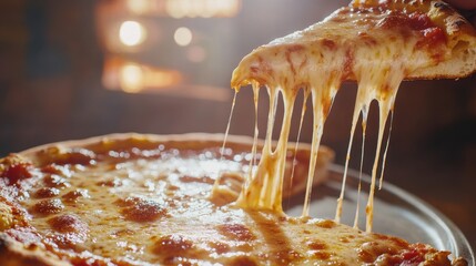 A delicious slice of cheese pizza being lifted, with melted cheese stretching in long strings, set on a plate with a rustic background and soft lighting