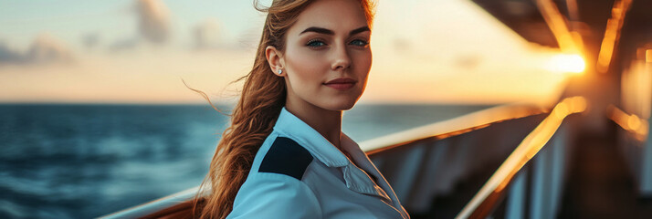 A skilled and elegant female cruise ship captain stands proudly on the bridge of a luxury liner, the endless sea stretching out behind her , banner