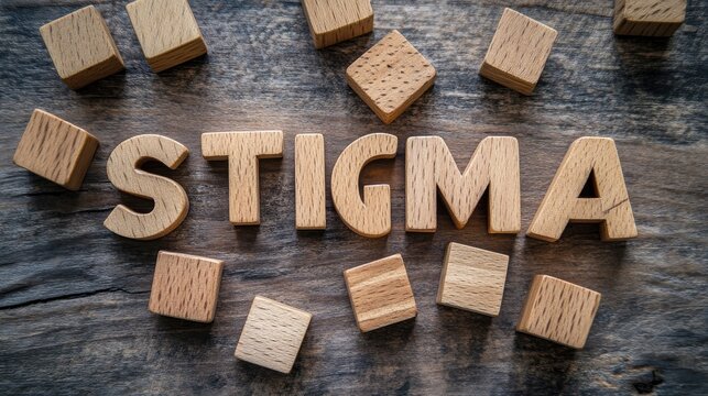 Wooden building blocks creatively arranged to spell the word STIGMA, surrounded by various shaped blocks on a rustic wooden surface.