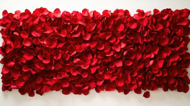 Red rose petals beautifully arranged on a white surface, creating a romantic backdrop ideal for Valentine's Day celebrations and themed banners.