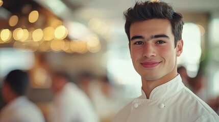 Portrait of a confident young chef in a white uniform, smiling warmly as diners enjoy their meals with a softly blurred kitchen ambiance behind him.