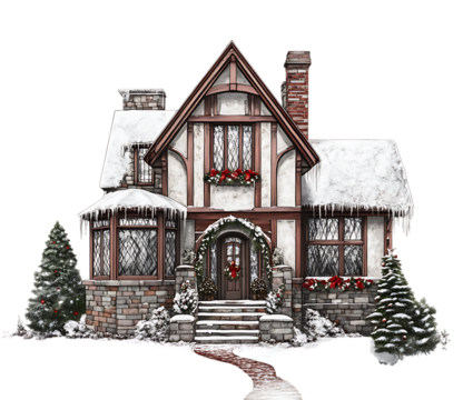 Snow covered Tudor style house decorated for Christmas