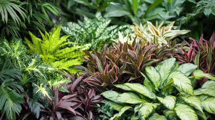Obraz premium Lush tropical foliage in varying shades of green and brown, showcasing a vibrant texture and diverse plant leaves for a rich backdrop.