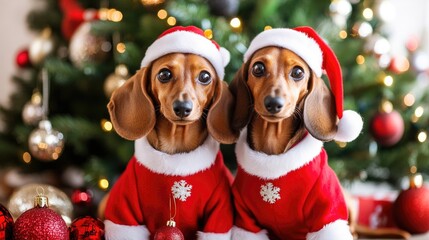 Two adorable dachshunds dressed in matching red and white Santa outfits pose together in front of a beautifully adorned Christmas tree with shimmering ornaments.