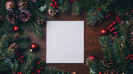 Festive holiday dining table set with greenery, pine cones, and ornaments framing a blank square for personalized messages or notes
