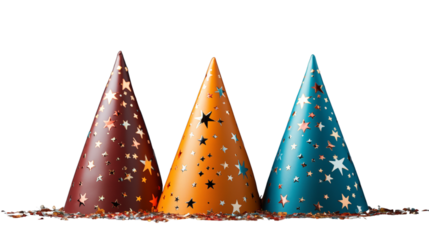 A mix of colorful party hats and confetti, perfect for enhancing birthday and celebratory visuals, isolated on transparent background.