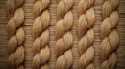 Braided coarse jute rope arranged symmetrically on a textured wooden background showcasing natural fiber details and earthy tones.