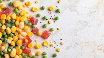 A combination of frozen vegetable medley, featuring vibrant corn, green peas, and red bell peppers, scattered in an artistic, chaotic arrangement on a white surface.