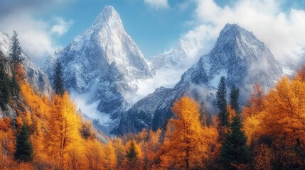 Majestic snow-capped mountains rise above vibrant orange and yellow autumn trees under a dramatic sky, showcasing a breathtaking fall panorama.