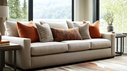 Fototapeta premium Modern earth-toned sofa adorned with decorative pillows, complemented by a stylish headboard in a contemporary living space with scenic views.
