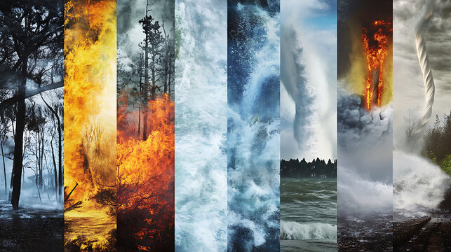 A collage of extreme weather events, including hurricanes, tornadoes, and heatwaves
