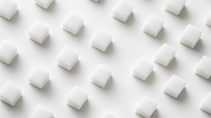Arrangement of pristine white sugar cubes arranged neatly on a smooth white background, highlighting their uniform shape and texture.