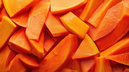 Vibrant orange and yellow slices of ripe papaya arranged artfully, showcasing the fresh and juicy texture ready for enjoyment.