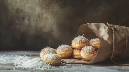 Coconut macaroons topped with grated coconut spilling out of a rustic paper bag on a textured surface.
