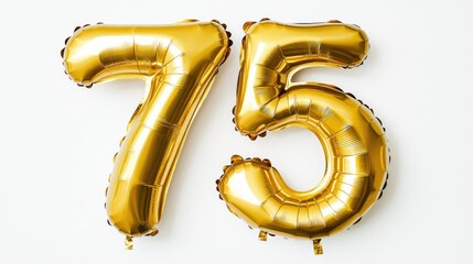 Gold Helium Foil Inflatable Balloon Number 75 Perfect for Celebrations, Birthdays, Anniversaries, and Party Decorations on White Background