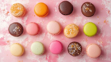 Obraz premium Colorful macarons arranged in a grid on a soft pink pastel background, showcasing varied flavors and textures from a top-down perspective.
