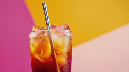 Brightly colored cold brew coffee in a glass with ice and a metal straw, set against a vibrant minimalist background of pink and yellow hues.