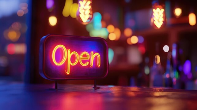 Vibrant neon Open sign radiating in a dim ambiance, surrounded by softly blurred colorful bokeh lights creating an inviting atmosphere.