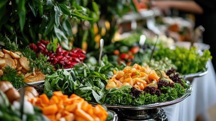 Vegan Day Celebration with Abundant Fresh Greens and Colorful Vegetable Platters Displayed Elegantly on Silver Trays