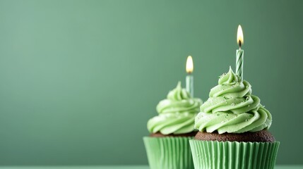 Green birthday cupcakes with swirled frosting and lit candles set against a solid green backdrop, offering ample space for personalized text.