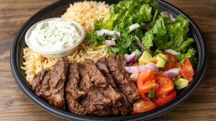 Fototapeta premium Gyros platter featuring succulent grilled meat served with fluffy rice, fresh green salad with tomatoes and avocado, and a side of creamy tzatziki sauce.