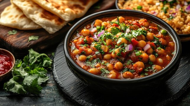Vibrant bowl of chole bhature, featuring rich masala chickpeas and fresh garnishes, served with healthy bread chaat and naan on the side.