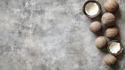 Coconut products arranged on a textured concrete surface, showcasing whole coconuts and open shells with white flesh, perfect for health and wellness themes.