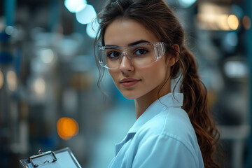 A confident female scientist stands in a modern lab holding a clipboard. Her focused, determined expression shows her knowledge and insight in the research space