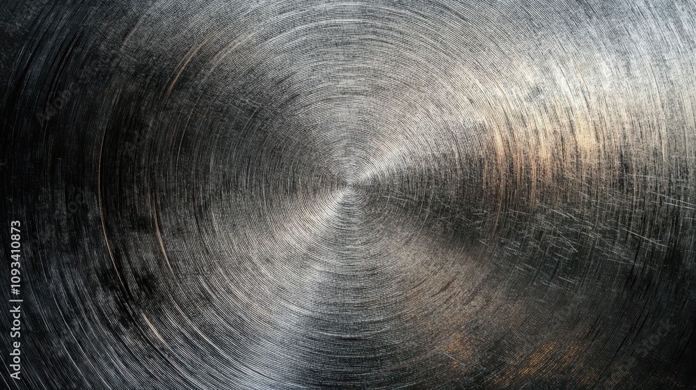 Poster close-up of a polished metallic surface with a circular pattern, reflecting light and showcasing int