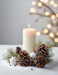 Winter decoration with candles and pine cones on grey background for a cozy holiday ambiance
