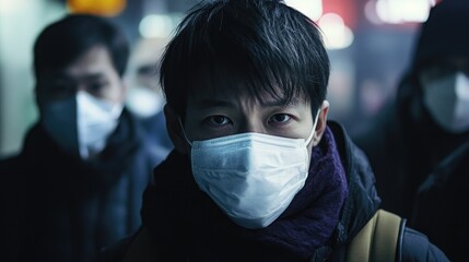 Individuals wearing masks in a busy urban setting, highlighting a serious focus on preventing the spread of coronavirus during a pandemic.