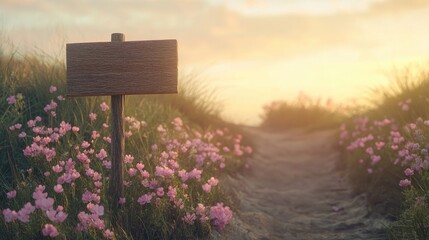 Naklejka premium Wooden signpost mockup on a scenic trail surrounded by lush pink wildflowers illuminated by the warm glow of the golden hour