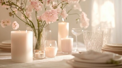 Elegant tabletop display featuring delicate pink flowers in a vase, candles of various heights, and beautifully designed glassware, creating a serene ambiance.
