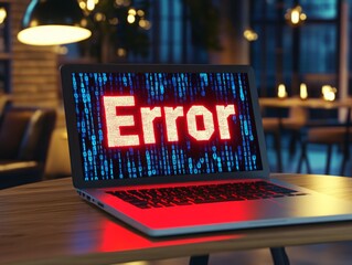 error message, a laptop screen with the word Error in bright red text against a background of digital binary code.