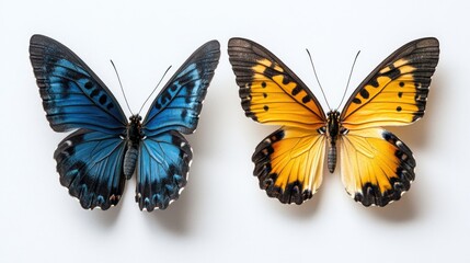 Obraz premium Two vibrant butterflies on a white background, one with spread wings showcasing a blue to yellow gradient, highlighting exquisite details and colors.