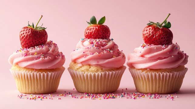 Frosted strawberry cupcakes topped with fresh strawberries and colorful sprinkles on a soft pink background for a delightful dessert display - Powered by Adobe