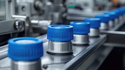 Plastic water bottles with blue caps aligned on a production line, showcasing the assembly process in a manufacturing facility.