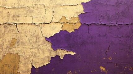 A textured wall featuring a rich blend of purple and gold, showcasing cracks and peeling layers for an artistic effect.