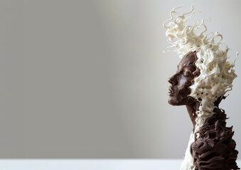 A unique sculpture of a woman's head with flowing hair made of dark and white chocolate. Banner, copy space view, a concept combining taste and art, reflecting a creative approach to sculpture