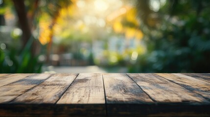 Wooden table in focus with a blurred tropical beach background, perfect for product display and showcasing high-quality items.