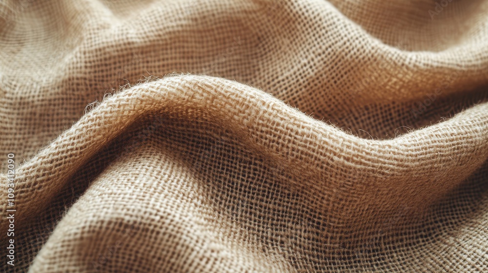 Poster close-up view of soft, textured burlap fabric showing natural earthy tones and intricate weave patte
