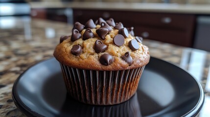 Delicious homemade gluten-free muffin topped with an abundance of chocolate chips on a black plate, set against a stylish kitchen backdrop.