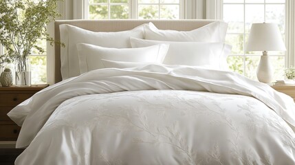 Elegant white silk bedding set with intricate embroidery and a soft, smooth texture, complemented by plush pillows and a serene bedroom atmosphere.