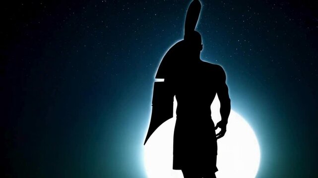  Silhouette of a Spartan Warrior Standing Against a Night Sky with a Full Moon and Starry Background