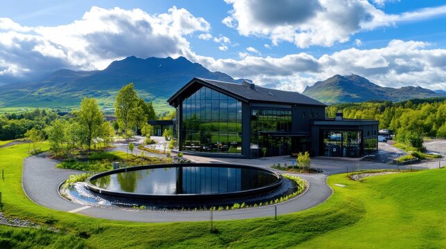 A large building with a large circular pool in the middle
