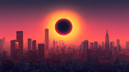 Cityscape with solar eclipse illustration. Solar Eclipse Horizon. Illustration