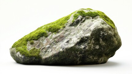 Mossy stone with textured surface and vibrant green moss on a smooth, soft white background, showcasing nature's beauty and organic design elements.