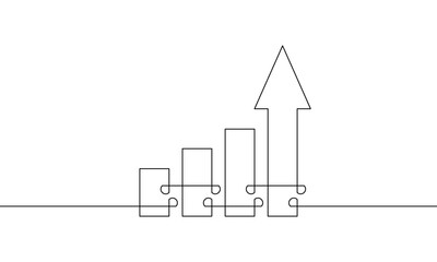 Continuous line drawing of inreasing arrow up. Flat icon of bar chart. Single line art of graph. Illusration vector of business growth. Object one line of sign symbol