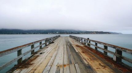 Fototapeta premium Weathered wooden pier extending into a tranquil blue sea, surrounded by misty clouds and distant hills on a calm day.